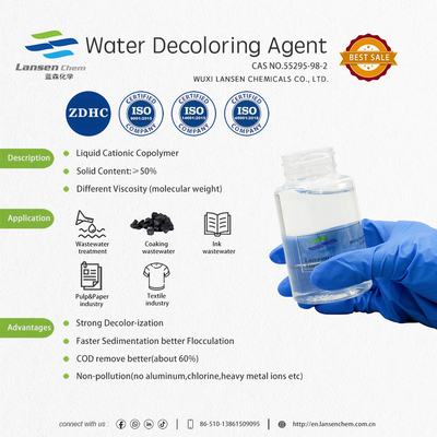 Agente di decolorazione dell'acqua PoliDCD dicyandiamide formaldeide resina quaternaria ammonio cationico copolomero eccellente efficienza nella decolorazione, incocculazione e rimozione di COD